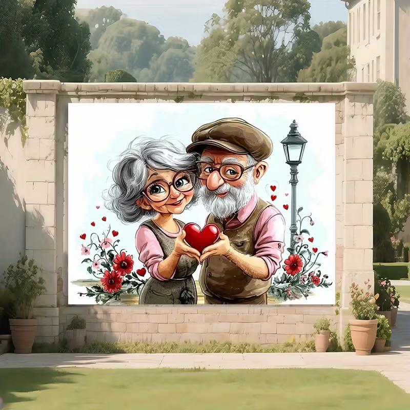 2D Elderly Couple Love Tapestry, Old Couple Holding Red Heart Wall Decor 47.2x31.5inch/120*80cm