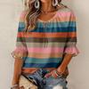 Women's Striped Print Ruffled Hem Three-Quarter Sleeve Blouse with Round Neck and Tie