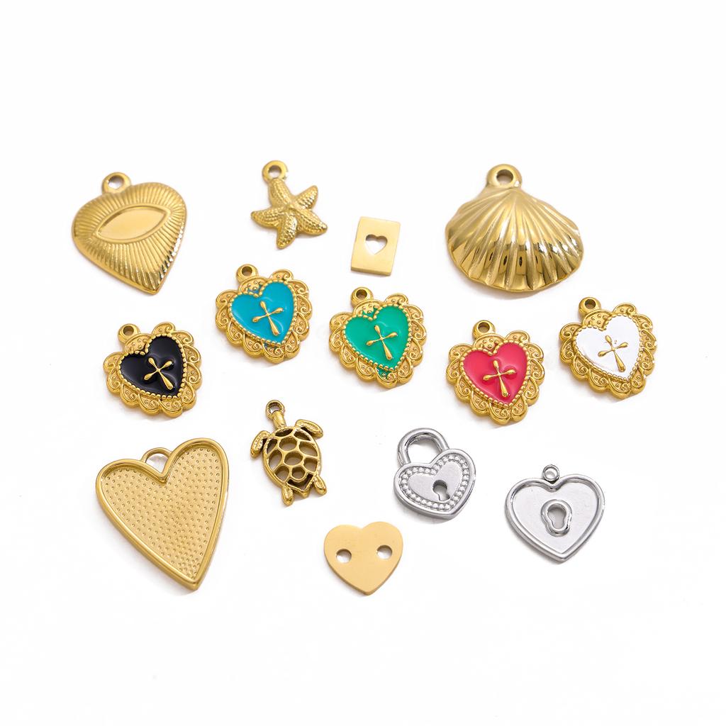 Elegant Stainless Steel Gold Plated Heart Love Cross Shell Starfish Oil Drop Pendant Charms for DIY Jewelry Making Women