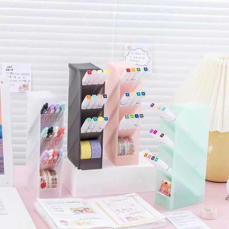 Transparent Slanted Pen & Makeup Brush Holder with Four Grids