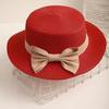 Beach Straw Hat Flat Top Wide Brim Sun Protection Hat with Striped Print Ribbon Bow Hand-Woven Breathable Summer Hat