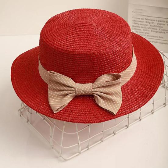 Beach Straw Hat Flat Top Wide Brim Sun Protection Hat with Striped Print Ribbon Bow Hand-Woven Breathable Summer Hat