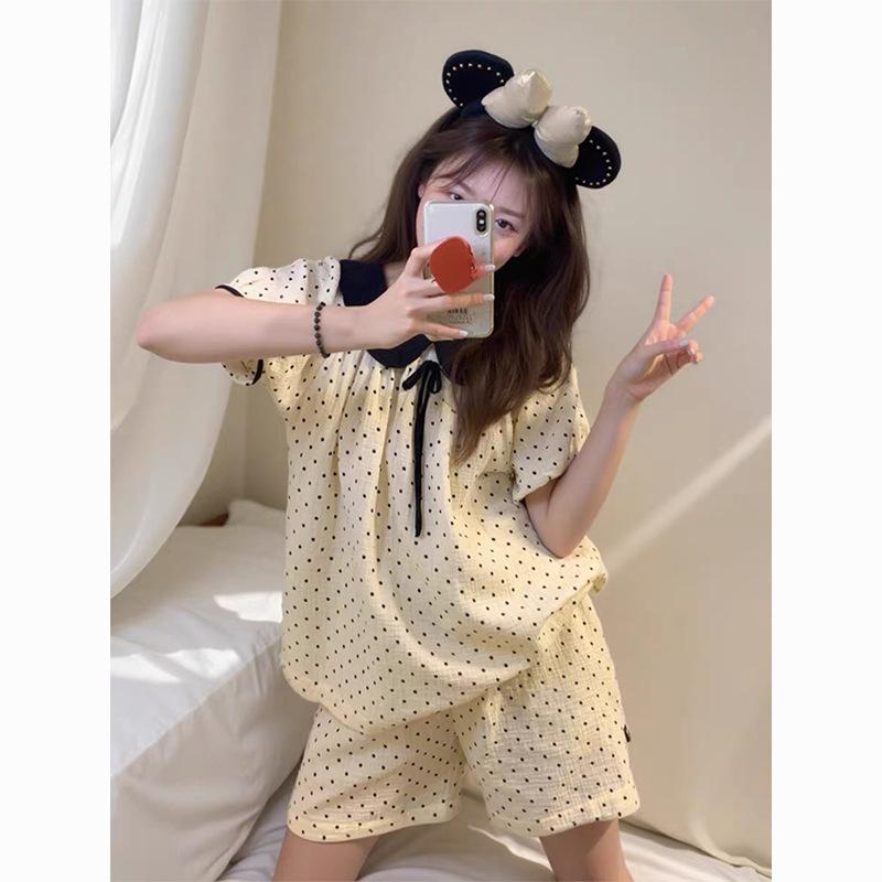 

ins style high-end polka dot pajamas women s summer short-sleeved shorts two-piece set Korean version of casual loose loungewear S