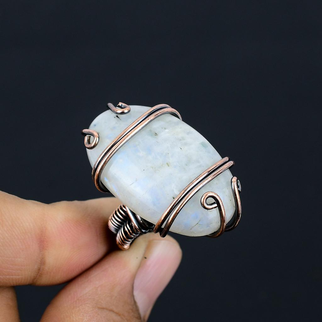 Natural Rainbow Moonstone Gemstone Handmade Copper Wire Wrap Ring Size 6 E7s96
