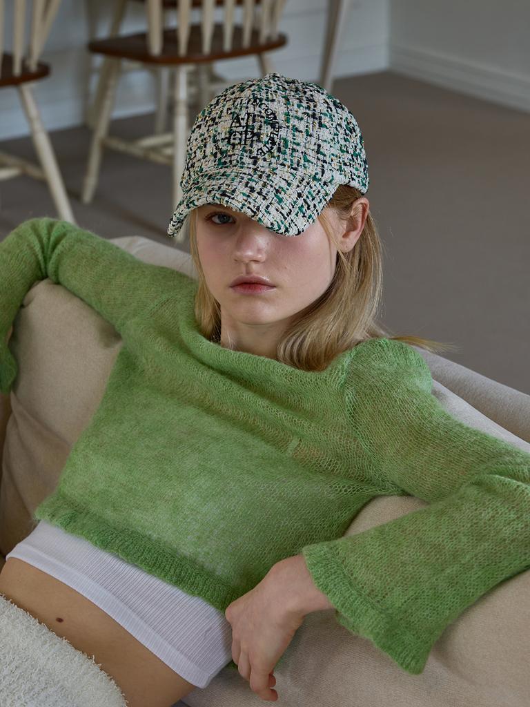 Olinkeompeulliteu Round Logo Tweed Ball Cap (Black & Green & White)