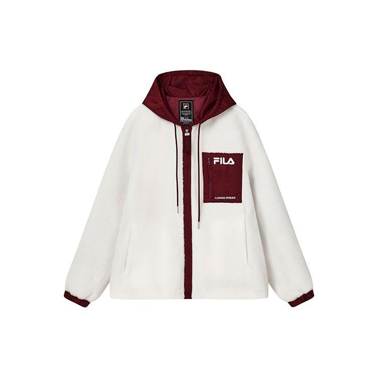 Fila Color Block Drawstring Hooded Simple Casual Faux Lamb Wool Jacket Men Jackets Cloud-Mushroom-White F11M249913F-WT