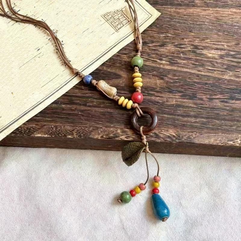 Chinese Style Ceramic Bead Pendant Necklace For Women Round Leaf Long Sweater Chain Necklace Aesthetic Jewelry Gift