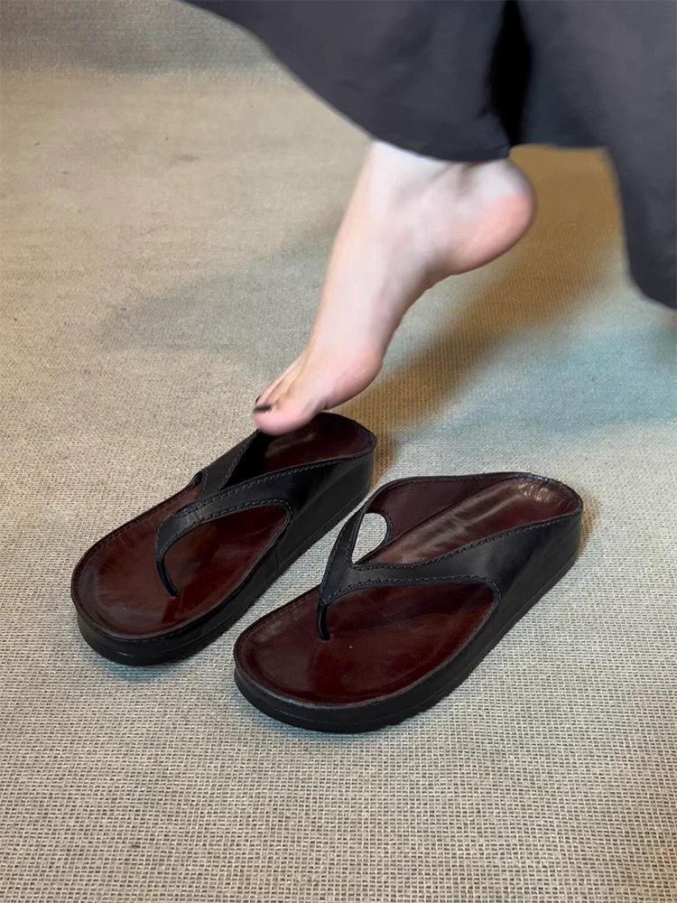 

Cowhide version~ retro niche toe flip-flops shoes for women to wear 2025 summer thick-soled pinched vacation cool slippers 40 чёрный