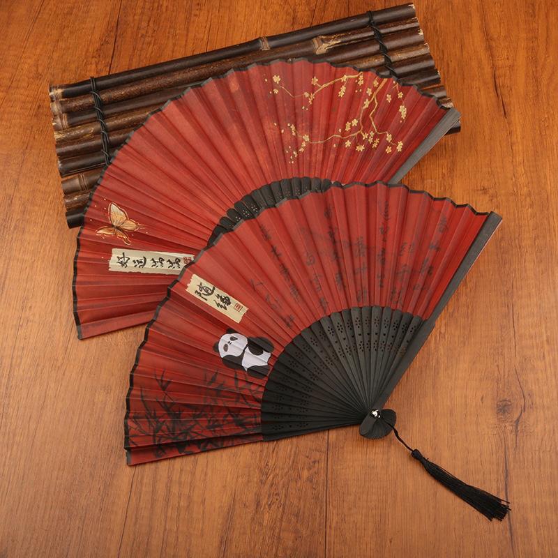 Bamboo Chinese Folding Fan Red Folding Fans Women Dance Fan Wooden Shank Tassel Elegant Art Crafts Wedding Gift Home Decorations