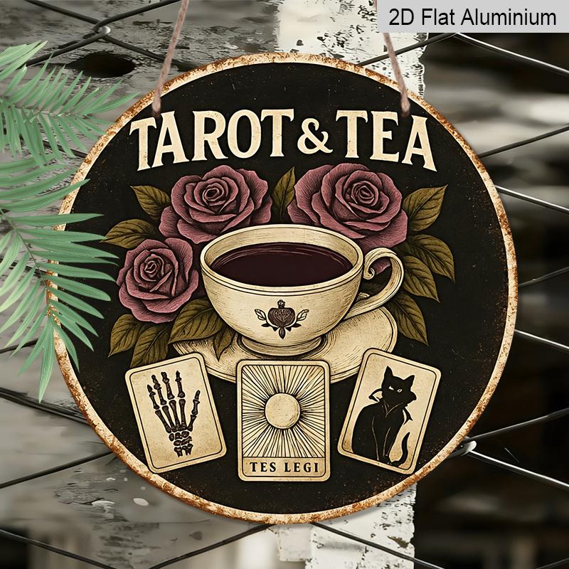 2D Flat, 1pc Round Vintage & Tea Metal Wall Art Sign - 7.87 Inch Aluminum Decor with Roses, Cups, and Symbols, Rustic Black Backgfor Home, Cafe, Bar