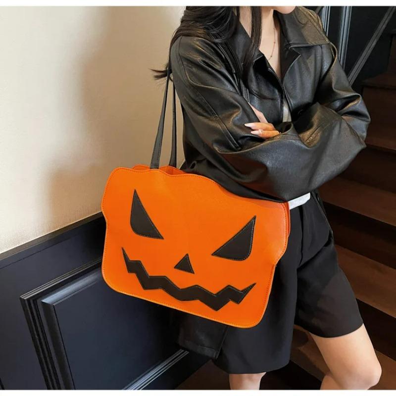 Portable Halloween Tote Bag Large Capacity Pu Leather Pumpkin Shoulder Bag Creative Quirky Dem Messenger Bag Festival