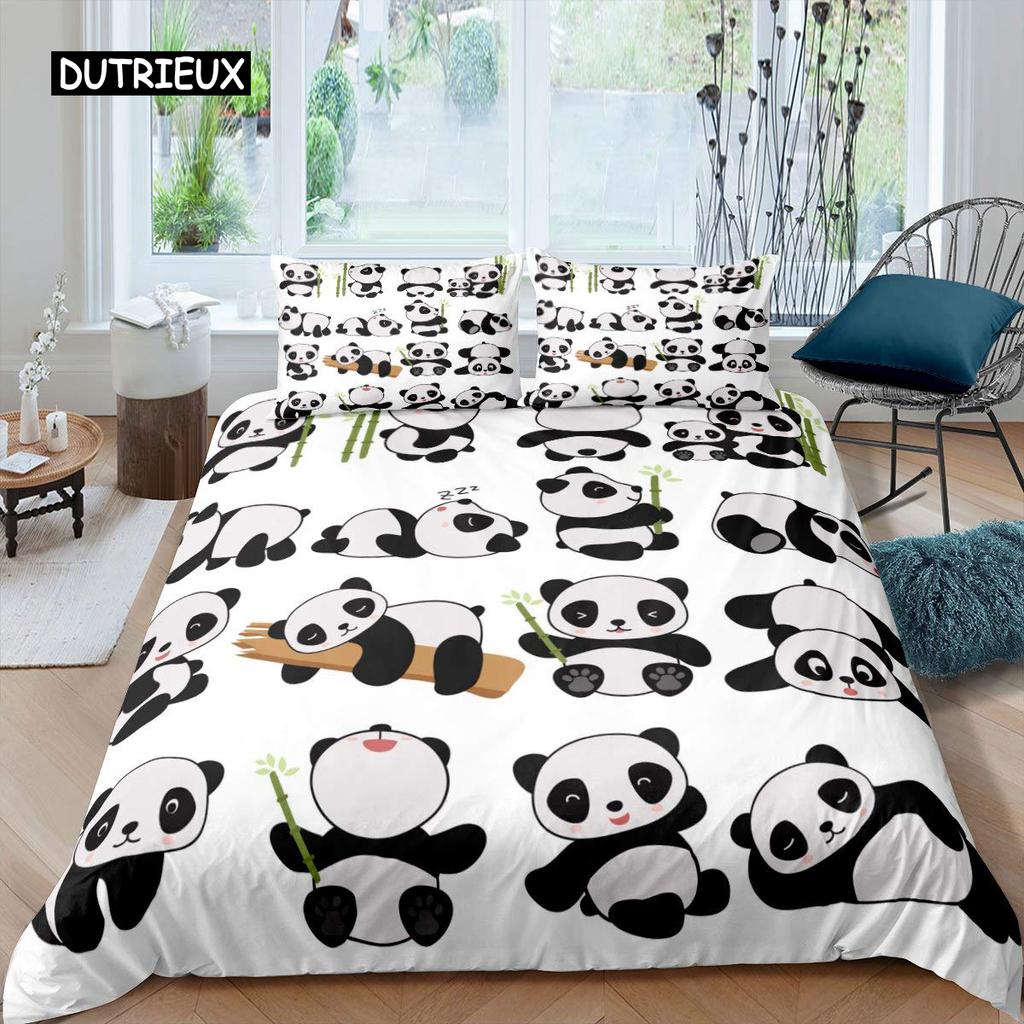 Panda Duvet Cover Set Cherry Blossoms Cute Animal Bedding Set Flower Branches Cartoon Double Queen King Polyester Quilt Cover