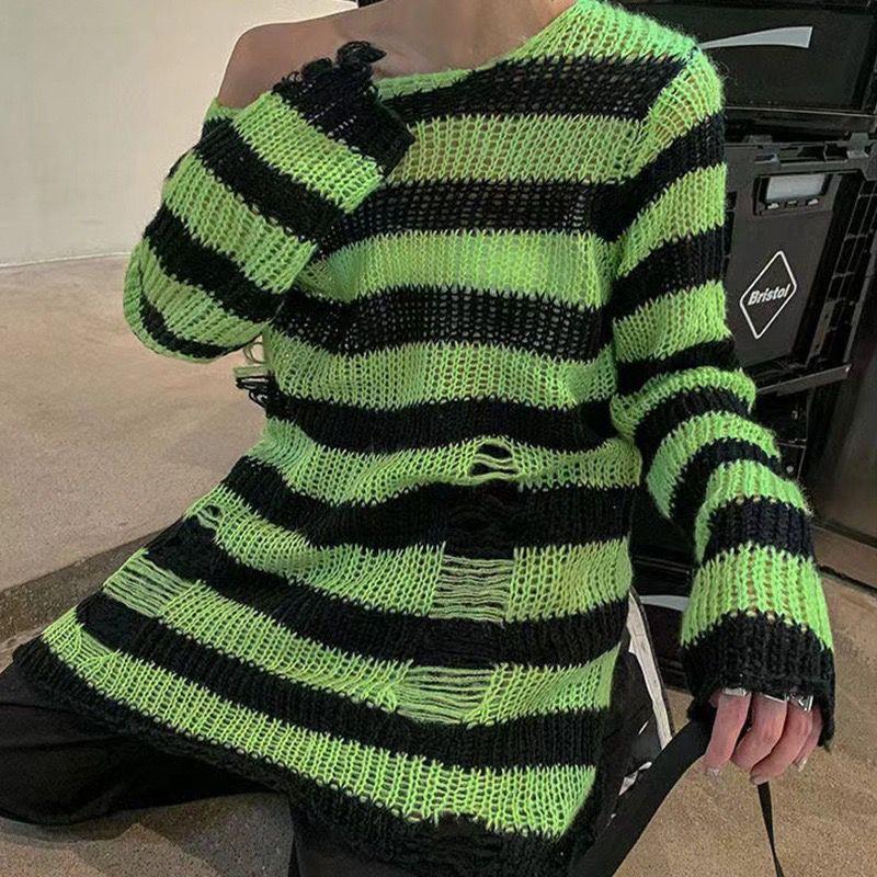 Ripped Striped Korean Sweater - Unisex, Color Block Knitwear