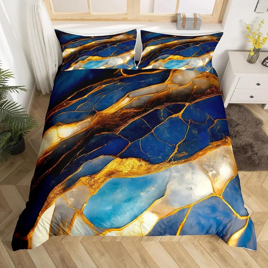 Blue Marble Duvet Cover, Geometric Comforter Cover Twin Queen Size Golden Stone Pattern Bedding Set Abstract Trippy Quilt Cover