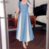 Robe longue décontractée à col carré et manches courtes pour femme