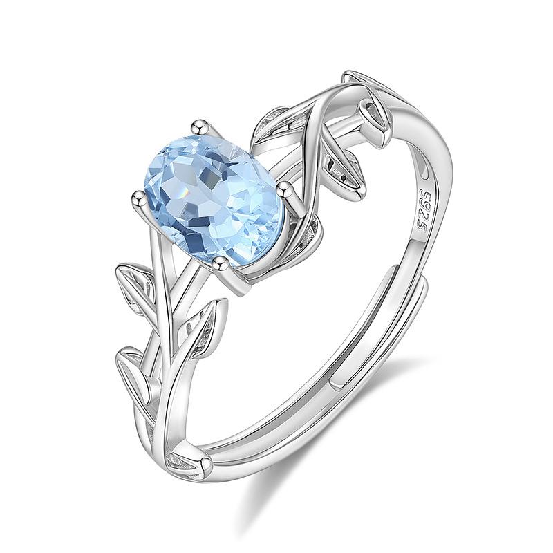 S925 Sterling Silver Natural Crystal Stone Leaf Four-claw Ring Fashion Light Luxury High-end Personality Ring