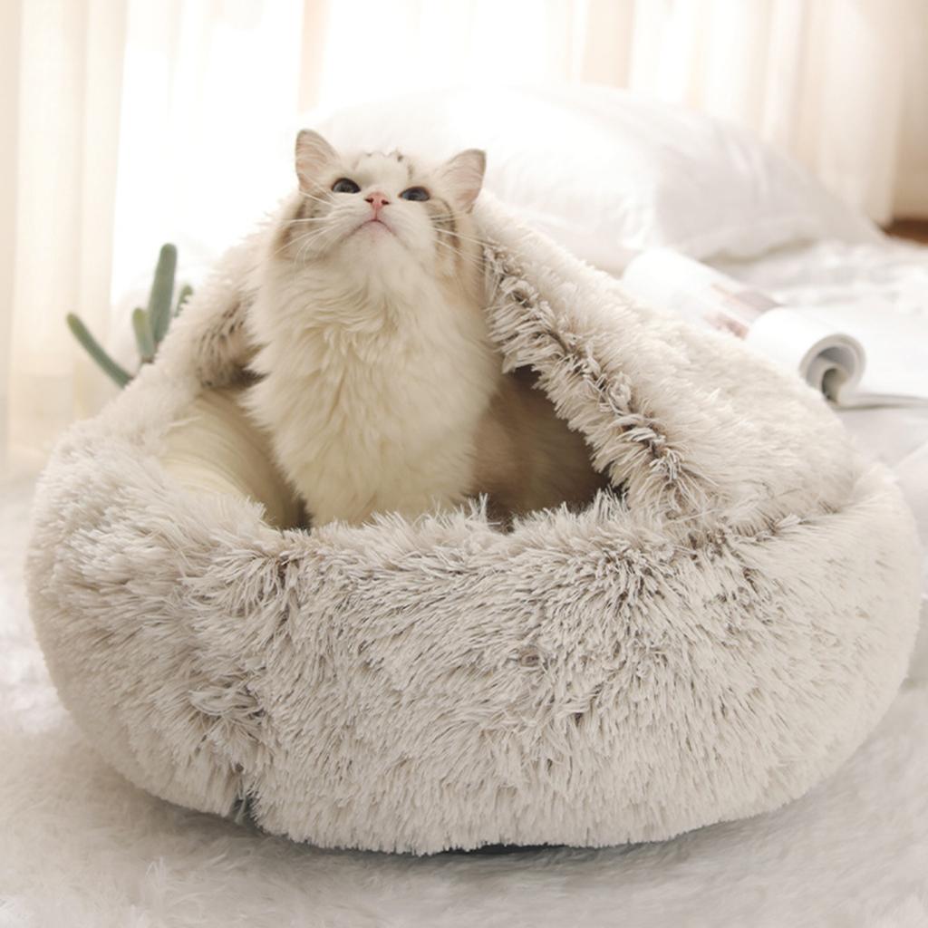 Yuvarlak Kapşonlu Kedi Yatağı Kış Tüylü Evcil Hayvan Yatağı Mağara Peluş Donut Sakinleştirici Kedi Yuvası Yatağı Kediler ve Köpekler için Rahat Evcil Hayvan Yuvası