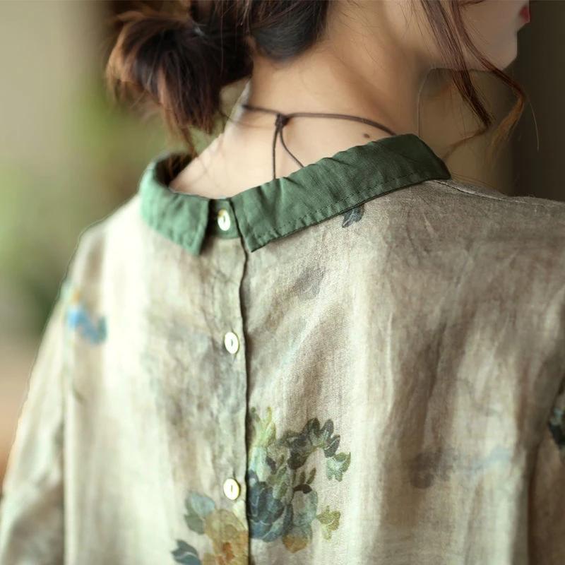 Хлопково-льняная блузка в стиле ретро, женские топы, повседневная ...