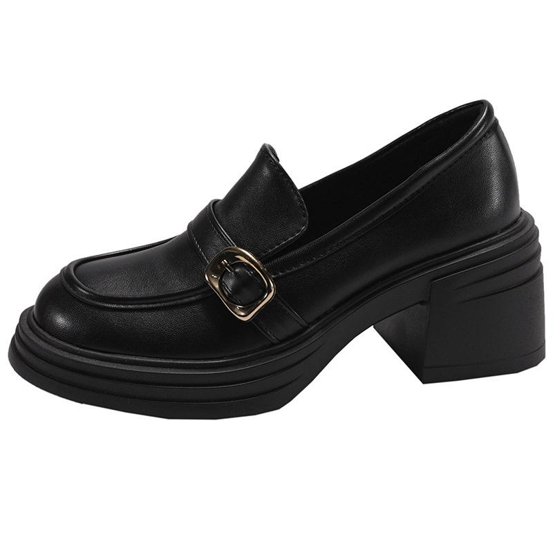 Black Retro British Style Thick High-heeled Small Leather Shoes Women's 2025 New Autumn Skirt Heightening Versatile Loafers