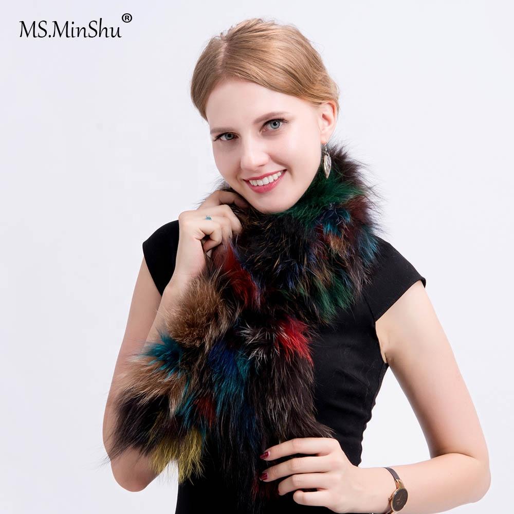 MWFur Fashion Winter Fluffy Fox Fur Scarves Hand Knitted Fox Fur Neck Collar Knit Fox Fur Scarf for Women