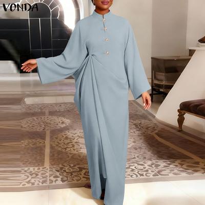 Women Round Neck Long Sleeve Side Button Waist Ruffled Casual Long Maxi Robe Dress