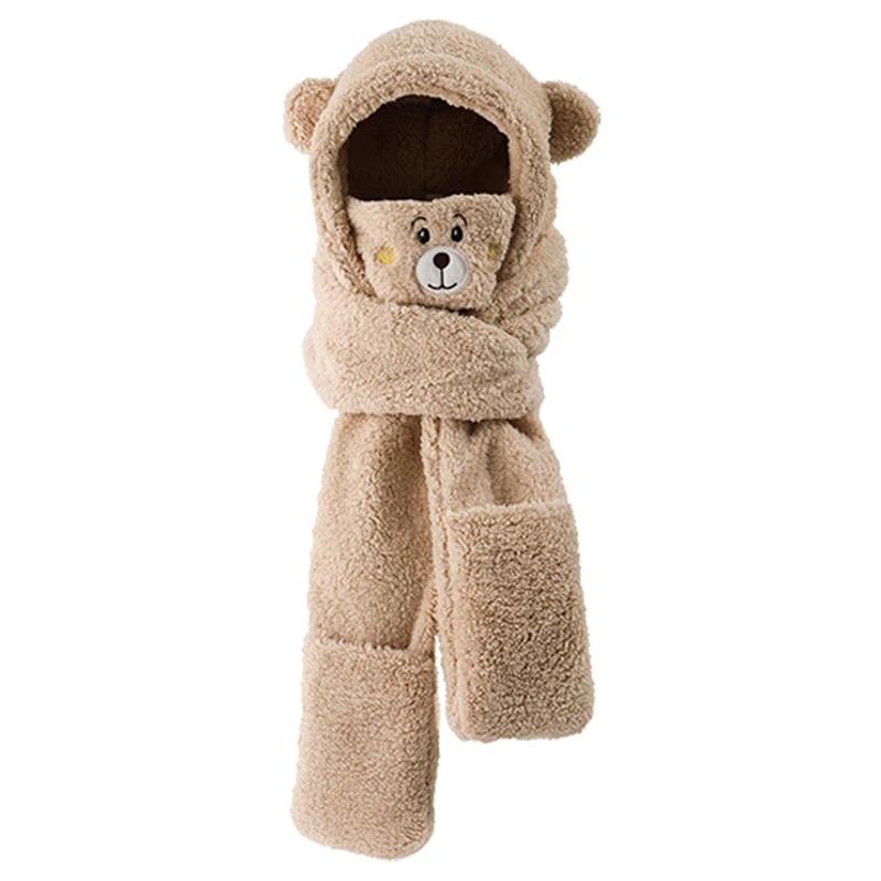 

4 шт. шапка перчатки шарф маска комплекты зимние теплые цельные плюшевые утолщенные овечья шерсть шапочки вышитые медведи маски гетры шарфы One Size хаки