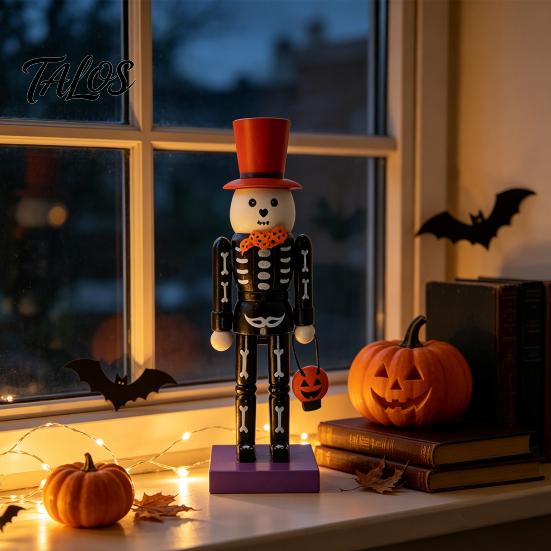 Pumpkin Basket Table Centerpiece Halloween Nutcracker Wooden Figurine, Hand-Painted Skeleton Soldier Ornament, Retro Creepy Mantel Decoration