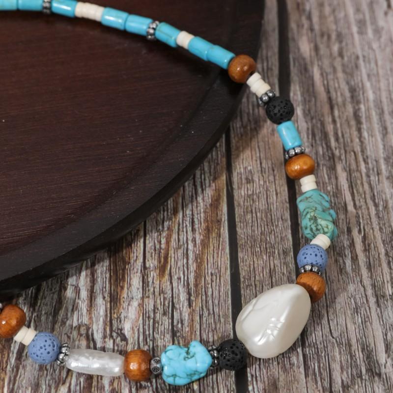 BLINGBAY Kadın Boncuklu Kolye Bohem Retro Etnik Turkuaz El Yapımı Boncuklu Ahşap Boncuklar Düzensiz Kolye Kız Doğum Günü Hediyesi