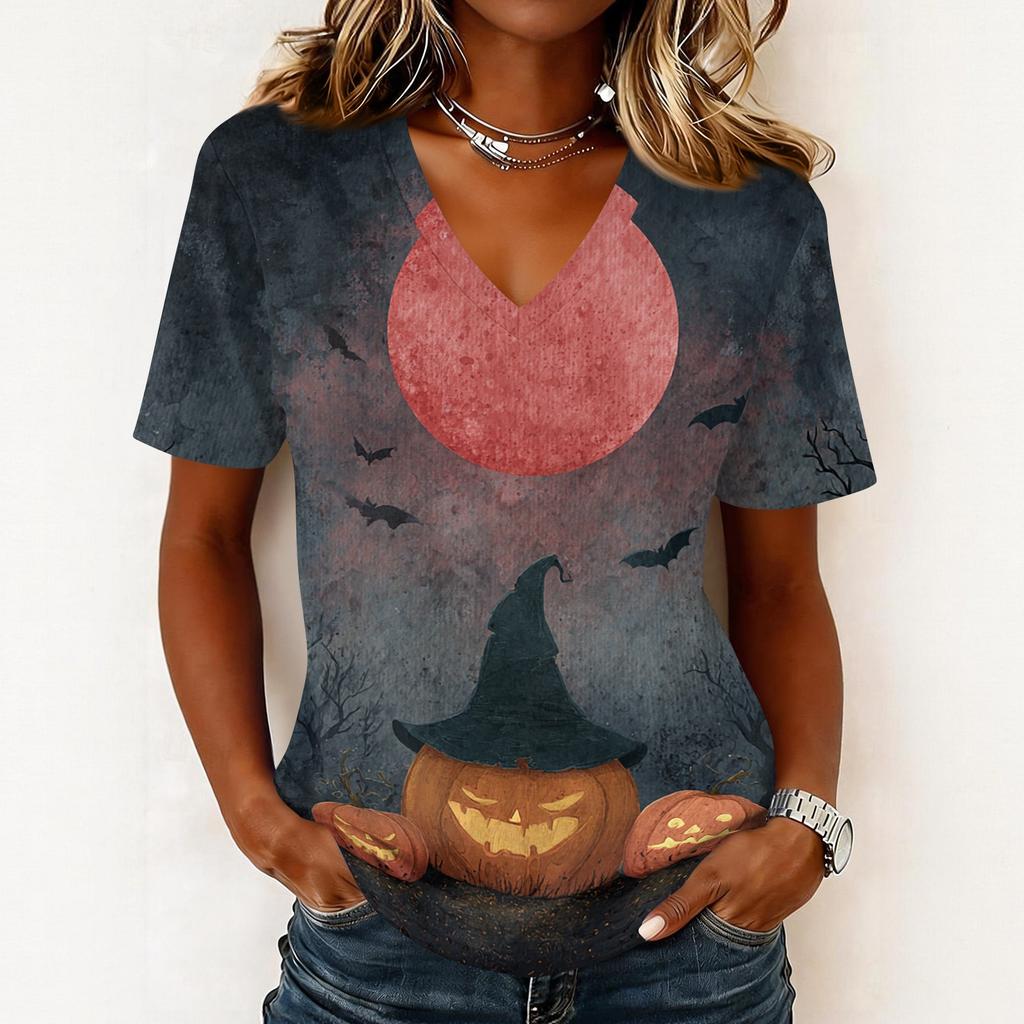 Women's Casual V Neck Pullover Top Halloween Pumpkin Print Short Sleeve Shirt Lightweight Comfortable Fit