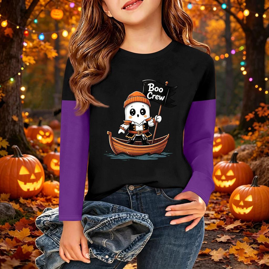 Children's Halloween Printed Long Sleeve Round Neck Casual Base Layer Shirt for Boys and Girls