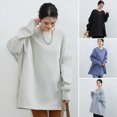 Women Fall Winter Sweatshirt Round Neck Loose Slit Hem Plush-lined Elastic Cuffs Mid Length
