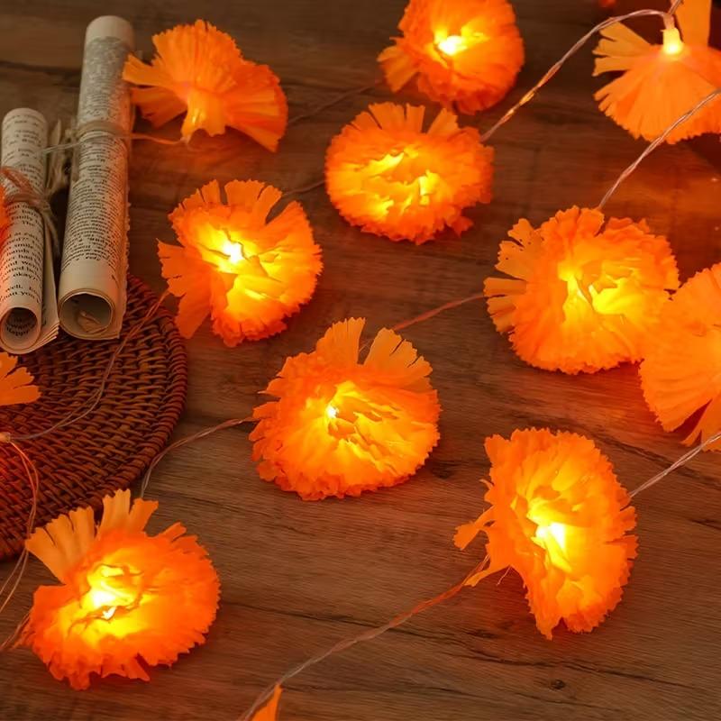 5 Ft LED Orange Marigold Garland Lights for Day of The Dead Halloween Diwali Holiday Party Home Decoration Christmas Supplies