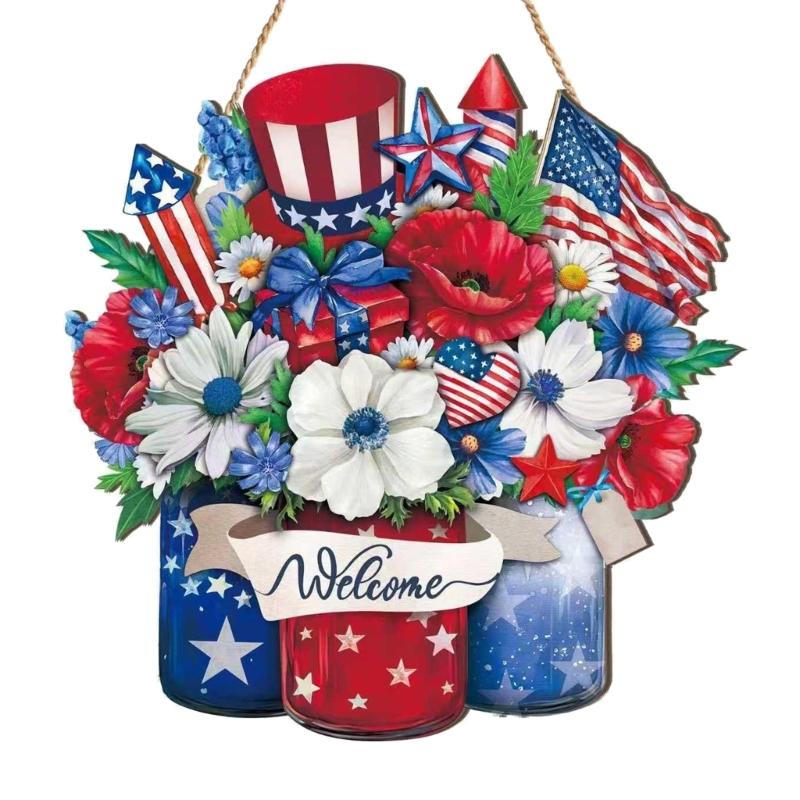 Patriotics Door Decoration Sign 4th of July Wreath for Front Door Hanger Memorial Day Wooden Hanging Sign Wood Plaque