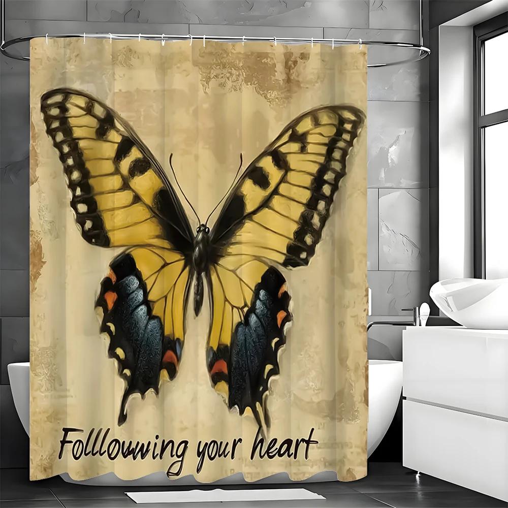 

Yellow Butterfly Follow Your Heart Text Shower Curtain, Bathroom Decoration Shower Curtain, Waterproof Shower Curtain With Hooks W60H190(CM)-1 Pcs