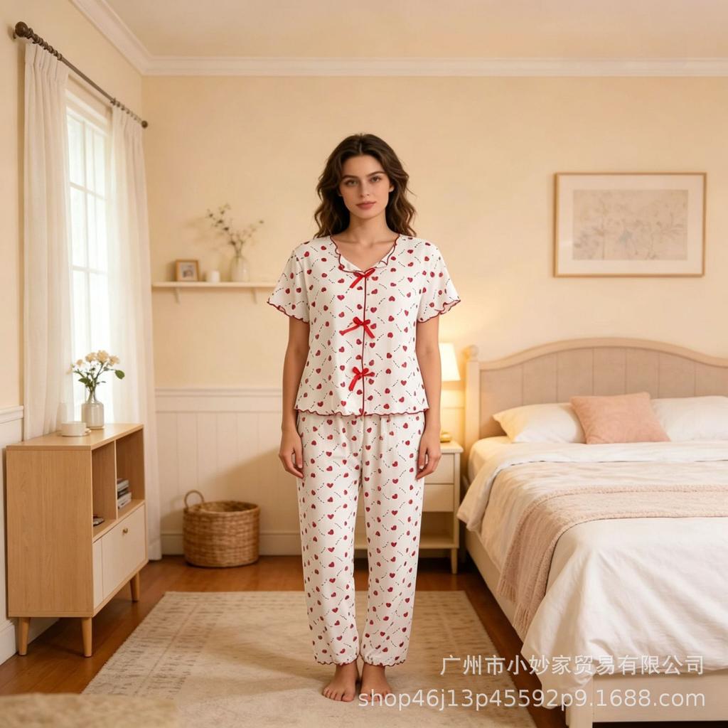 Pajamas Crimped Print Pink Short-sleeved Trousers Set Threaded Casual Sweet Loungewear