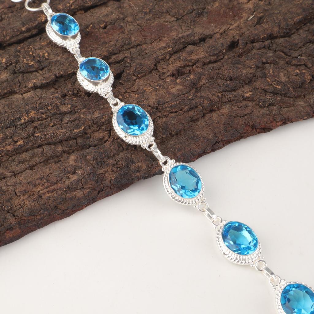 Swiss Blue Topaz  Gemstone 925 Sterling Silver Jewelry Handcrafted Bracelet 8.5" RB-2-9