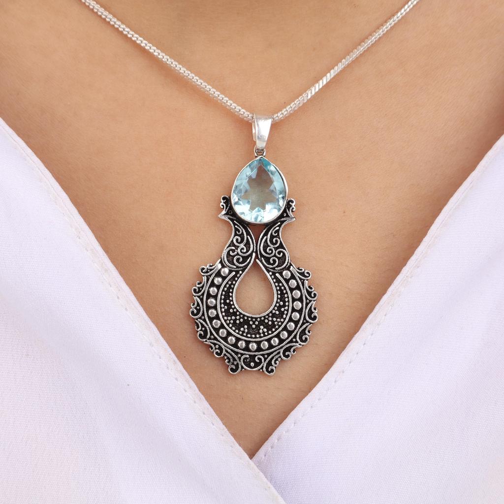 Sky Blue Topaz Gemstone 925 Sterling Silver Jewelry Women Oxidize Pendant 1.8" For Mother's Day Gift CP-45-9