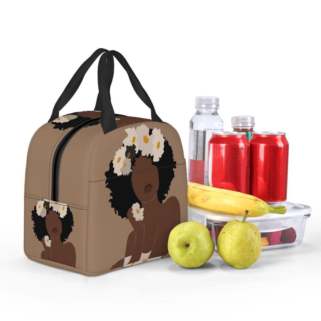 White Flower Black Woman Insulated Lunch Bag for Women Kids Portable Food Boxes Thermal Lunch Box Tote