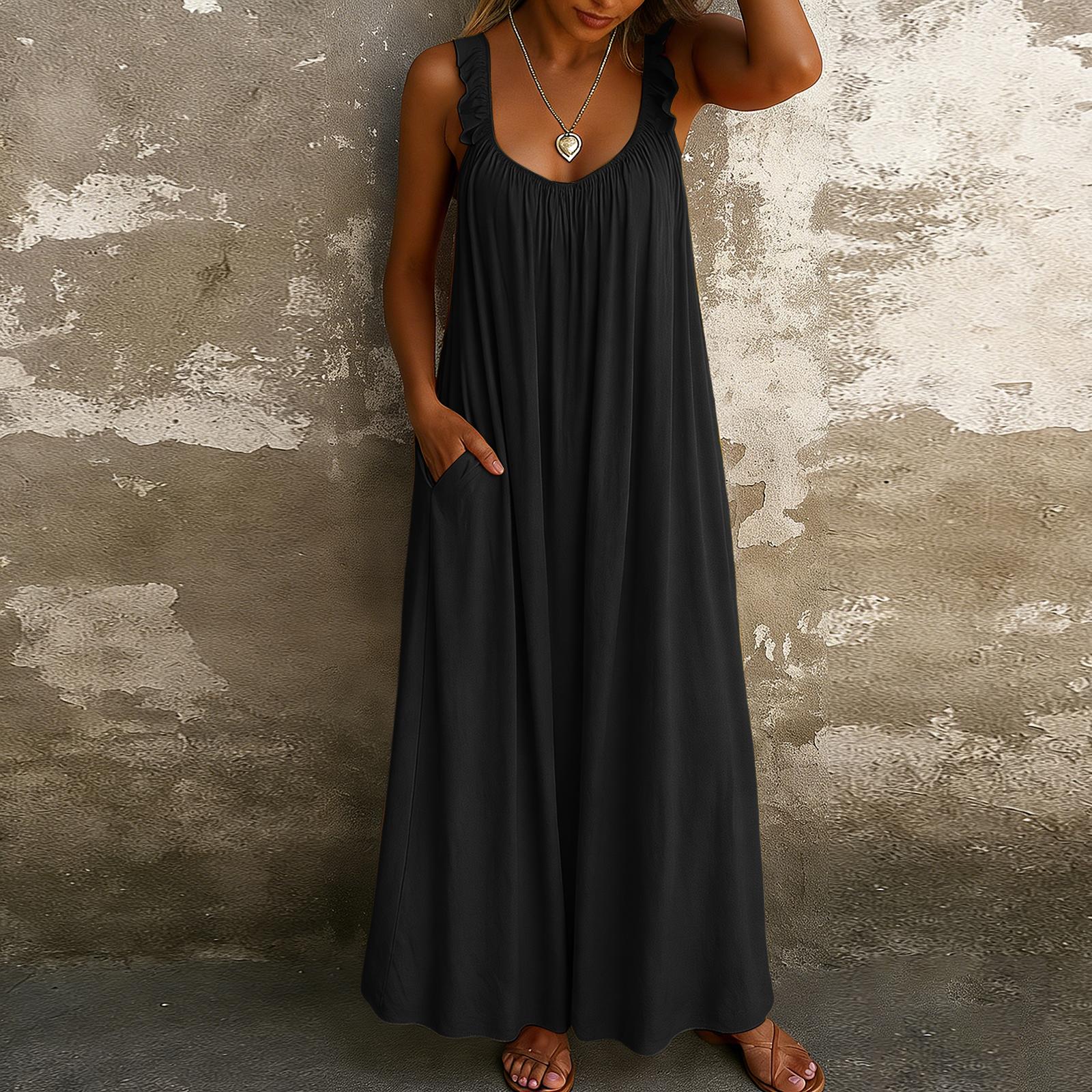 Women s Color Casual Camisole Regular Pleated Dress Long Skirt XXL чёрный