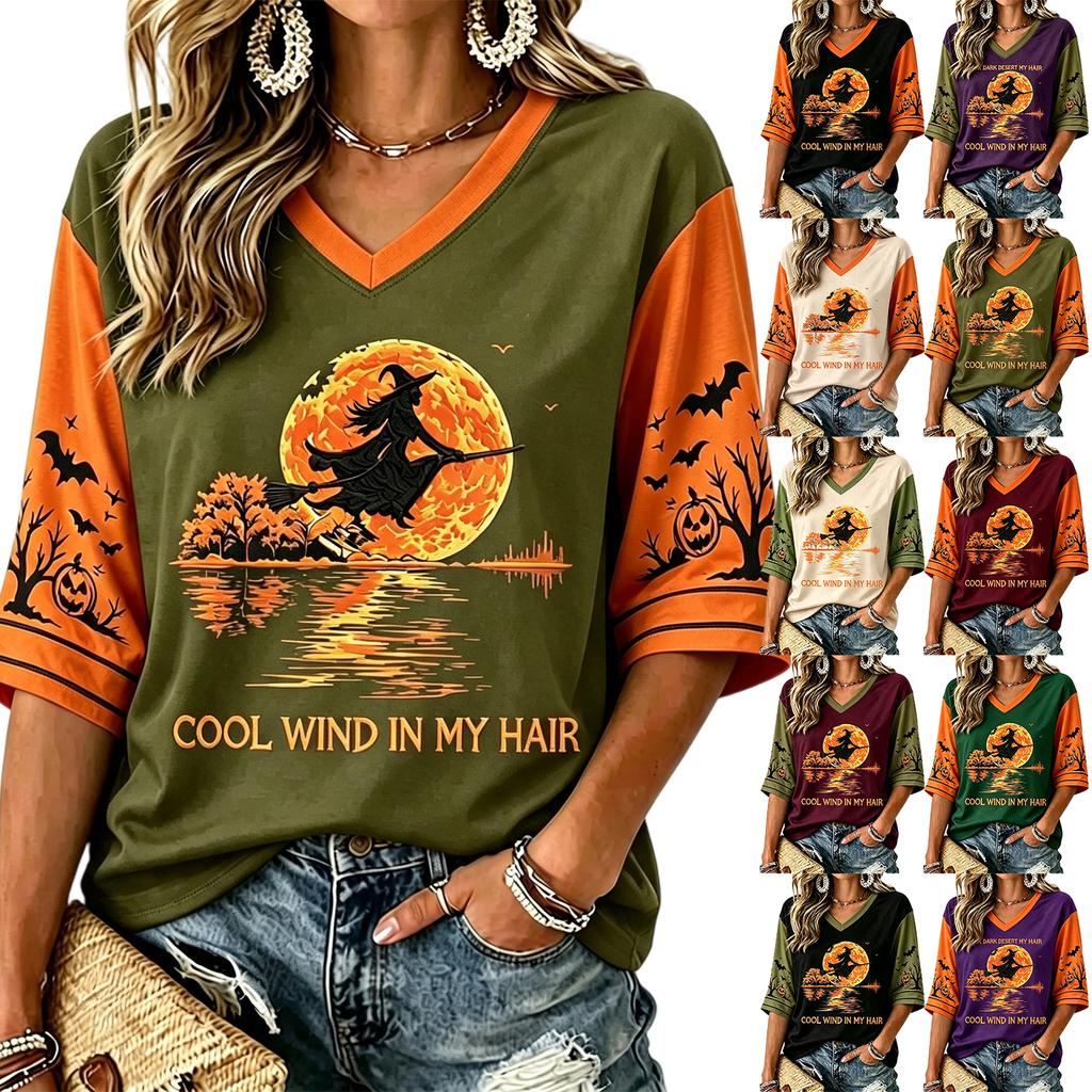 Women's Halloween Print V-Neck T-Shirt Casual Fashion Top