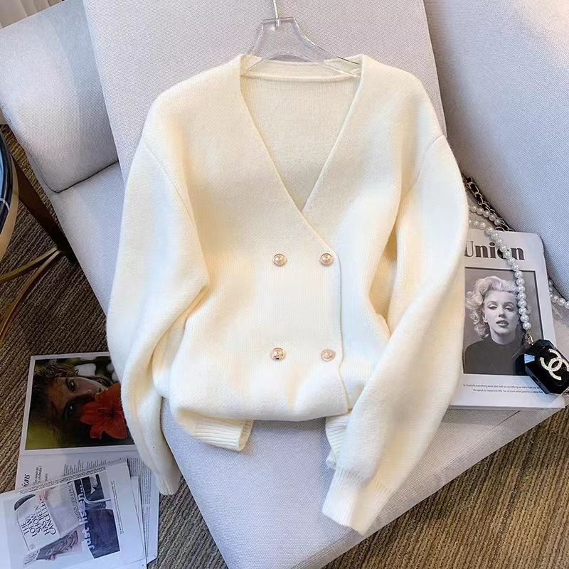 Spring and Autumn New Collar Knitted Cardigan Women's Casual Versatile Double-breasted Chic Sweater Jacket Trend