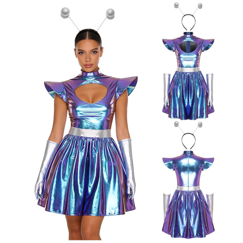Womens Alien Astronaut Cosplay Dress with Gloves and Hair Loop Set Cutout Neck Metallic Shiny Dress for Halloween Spaced Themed Party
