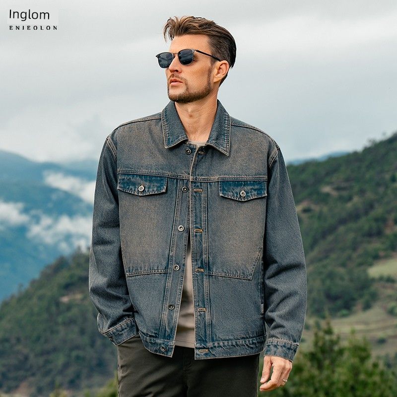 Yingjuelun Autumn and Winter Vintage Washed Distressed Lapel Denim Jacket Men's American High Street Workwear Denim Jacket Trendy