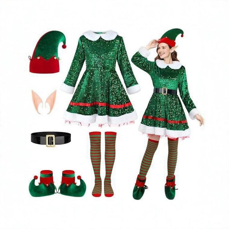 Womens Christmas Elf Costume Green Sequin Party Dress With Hat Set Festive Performances
