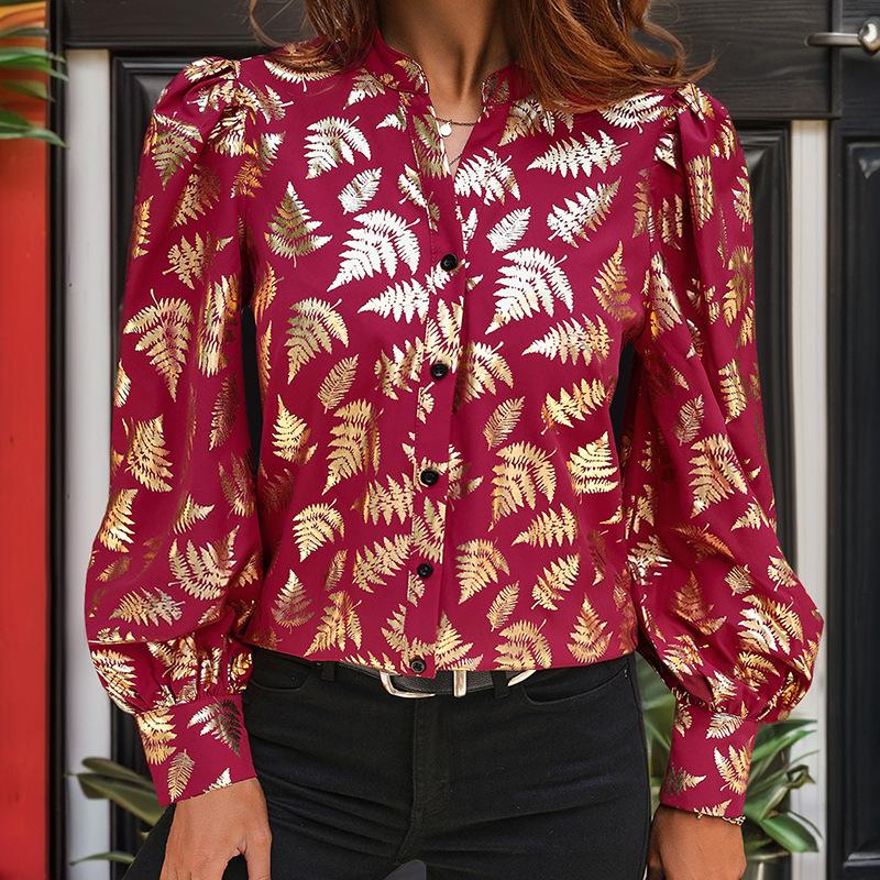 Mote dame casual vår høst plante trykk langermet stand-krage bluser & skjorter