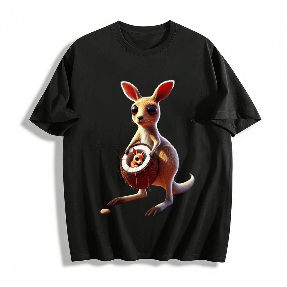 

Cute Big-eyed Kangaroo With Baby In Coconut Graphic Tee Pure cotton T-shirt 6XL