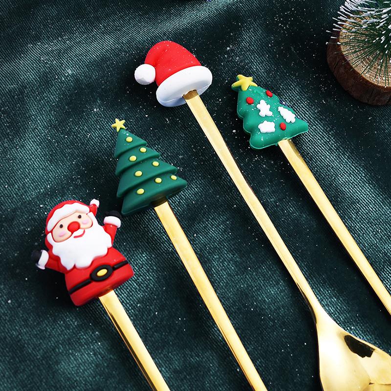 Set di 4 Pezzi Posate di Natale Forchetta Cucchiaio Acciaio Inossidabile Decorazione a Forma di Babbo Natale Albero di Natale Stoviglie per la Casa