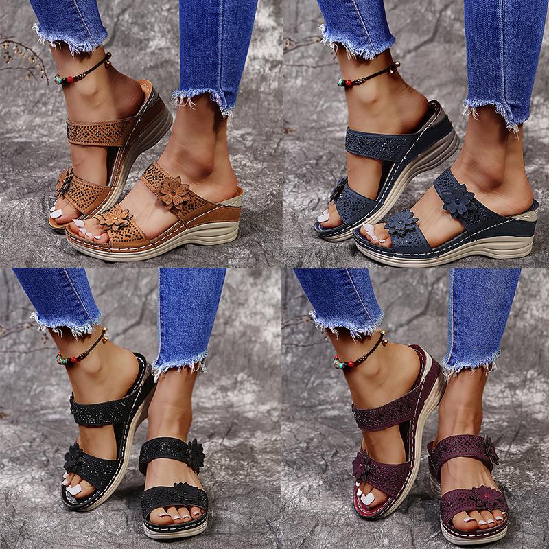 Wedge Heel Flip Flops Foreign Trade Large Size Summer Retro Rhinestone Casual Flower One-line Women's Wedge Sandals In Stock