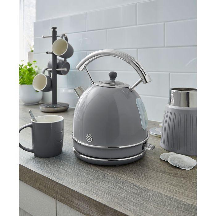 Retro Set Petit-Déjeuner Bouilloire 1,8L Sans Fil, Grille-Pain 2 Larges Tranches SWAN STP7050GRNEU 850W Gris 57980