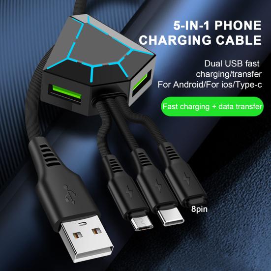 

5-в-1 зарядка данных с кабелем 8Pin 2 USB Type-C LED PD 100W Fast Light Charge High